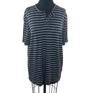 VINCE Navy White Top Linen Striped Henley Neck Short Sleeve Classic Size Large L